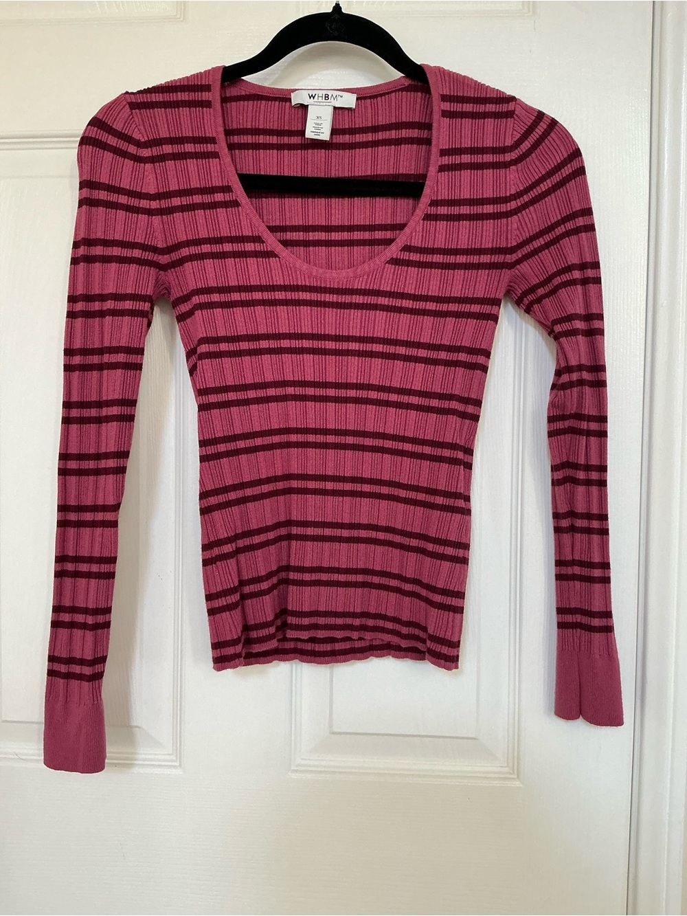 White House Black Market Pink Striped Ribbed Scoop Neck Long Sleeve Top